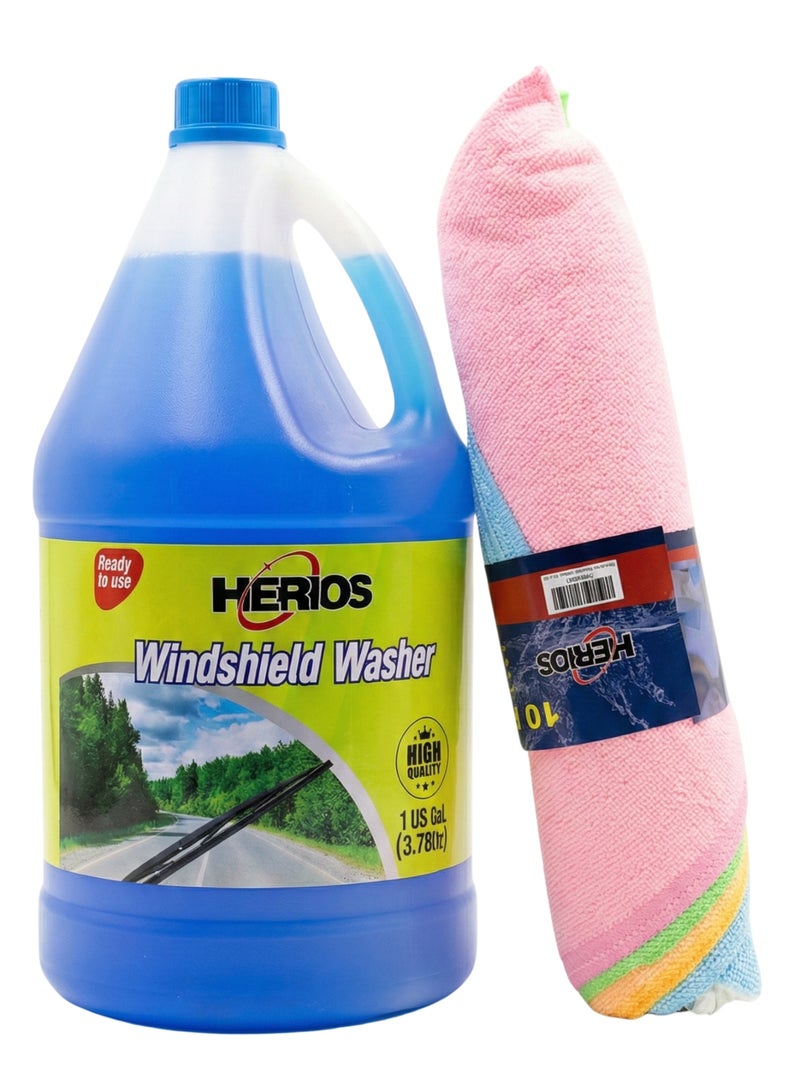 HERIOS Windshield Washer Fluid 1 US Gallon (3.78L) with 10 Pieces Microfiber Cleaning Cloth, 40x30cm, Ready to Use - Image 1